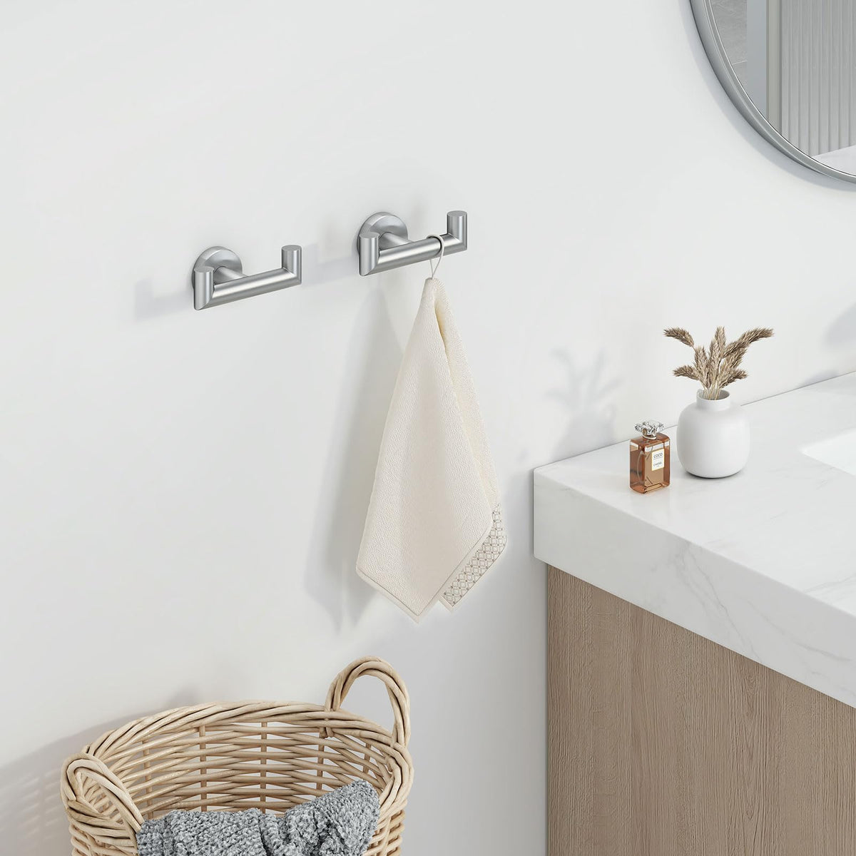 Angle Simple towel hook brushed nickel, wall-mount setup, ideal for bathroom space optimization.