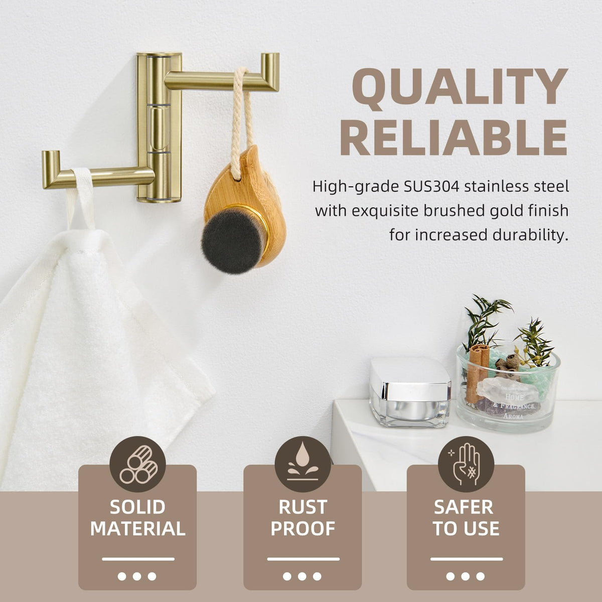 Angle Simple wall-mounted robe hook in brushed gold for quick, tidy organization