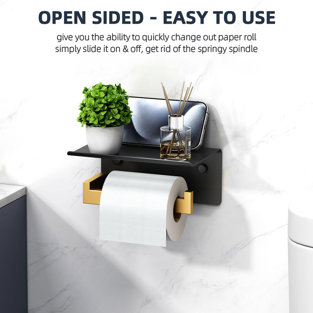 Angle Simple wall-mount holder with shelf in use in a bathroom.