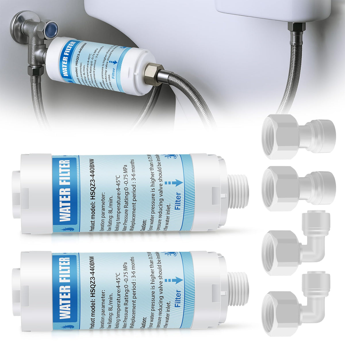 Anglechic bidet filter 2-pack in use, reducing minerals for softer water.