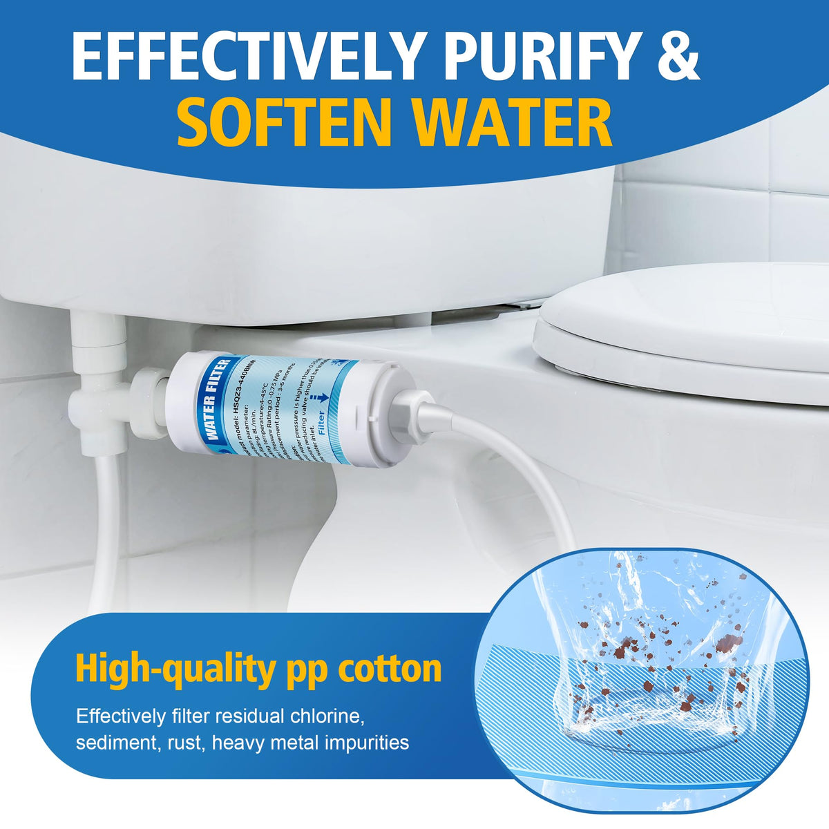 Water filter assembly filters chlorine and particulates for gentler bidet water.