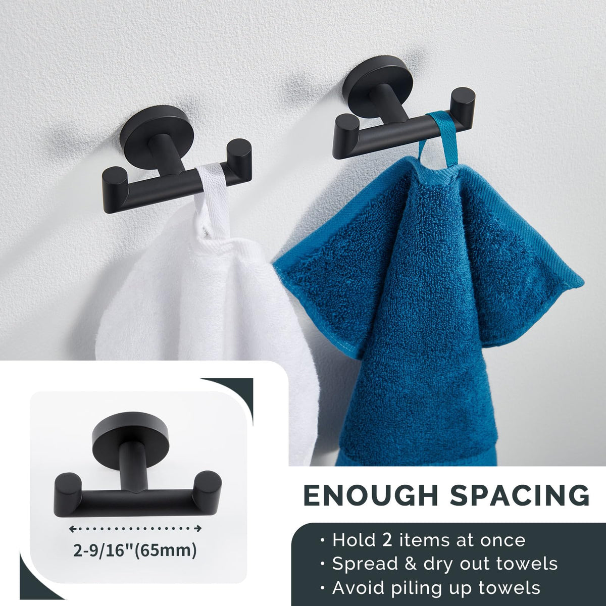 Angle Simple double towel hook matte black 2pc towel holding capability promotes quick drying