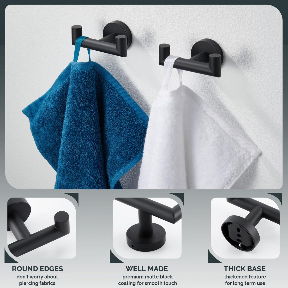 Angle Simple double towel hook matte black 2pc top angle view emphasizes even spacing