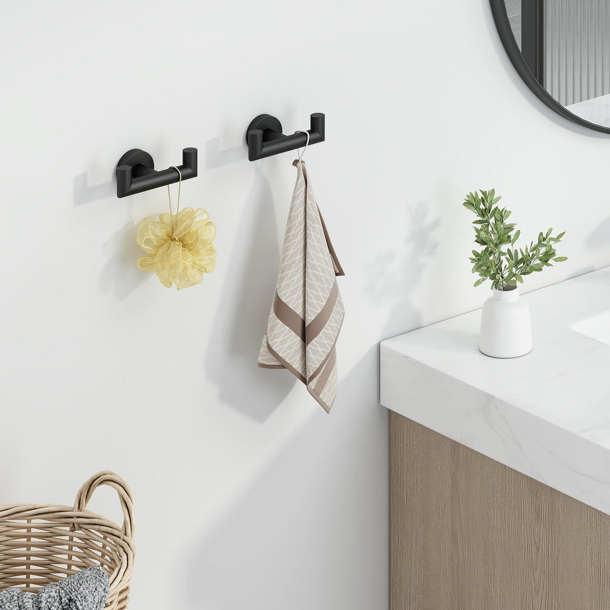 Angle Simple double towel hook matte black 2pc wall mounted demonstrates space saving design