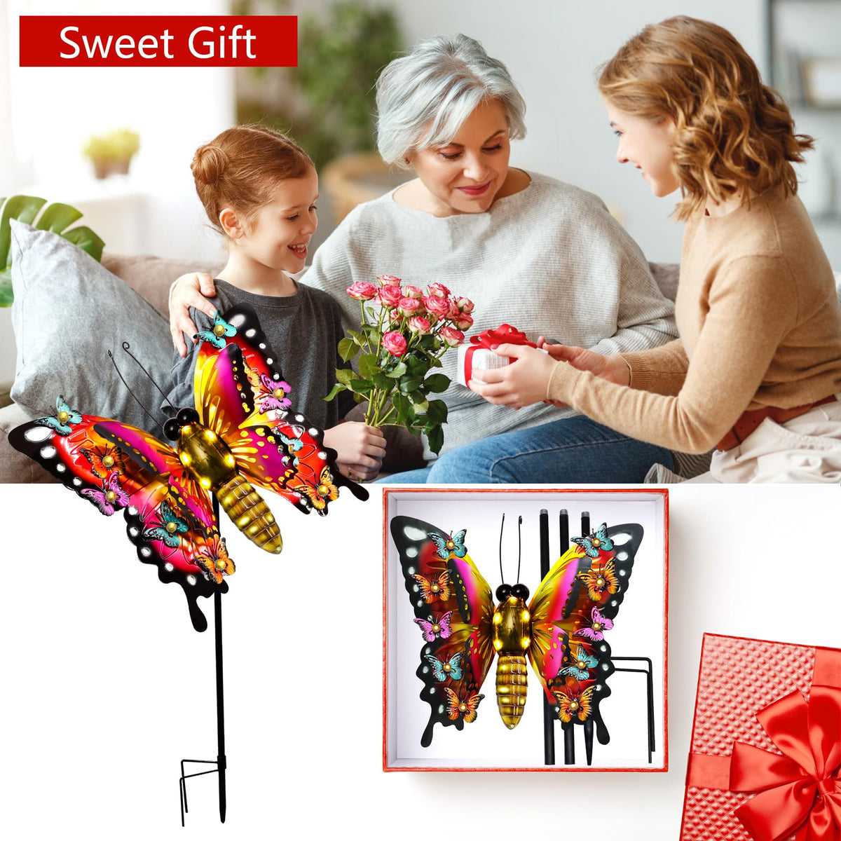ANGMLN 41-inch butterfly garden ornament stands tall in flower beds.