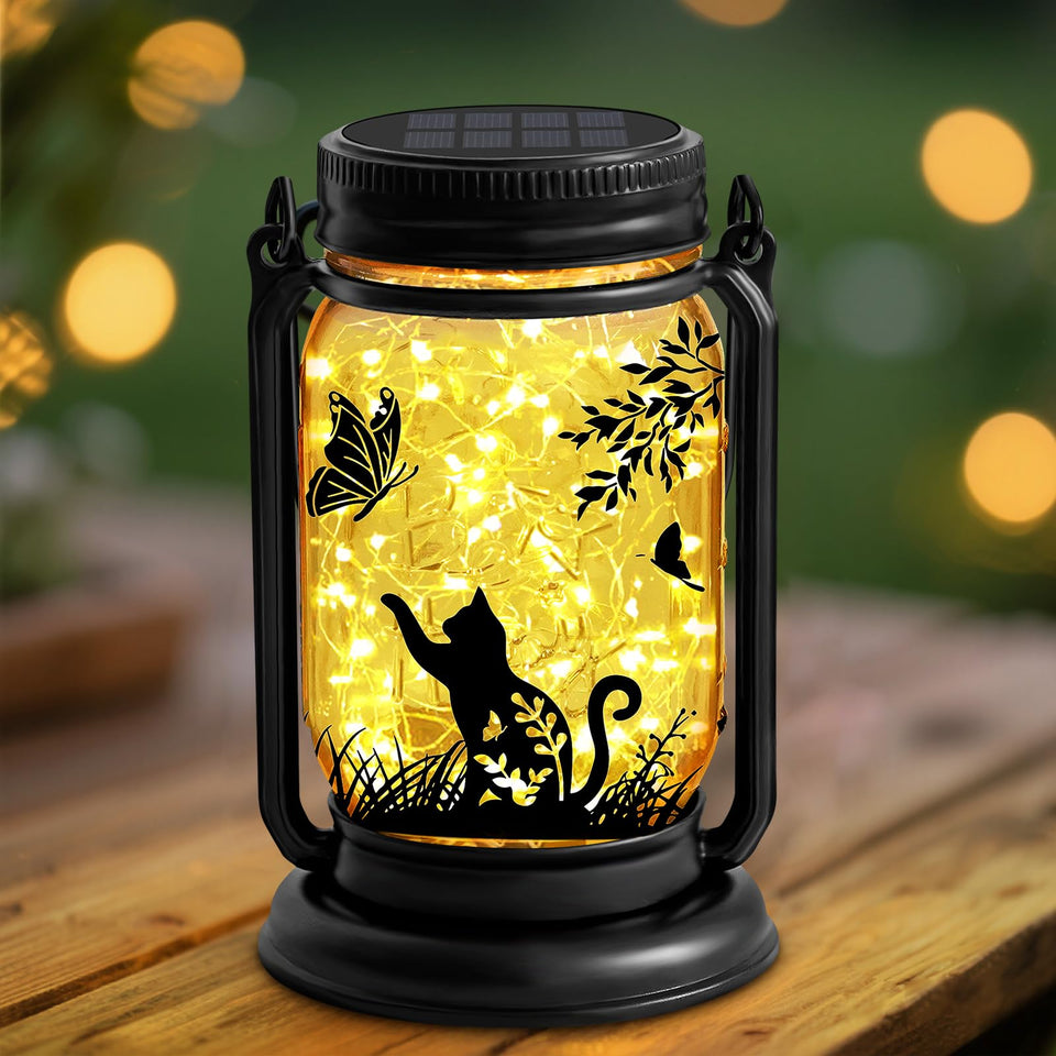 ANGMLN cat lantern butterfly-mason with cat chasing butterfly projection for garden decor.