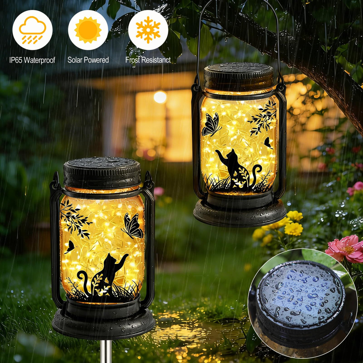 ANGMLN cat-butterfly projection showcases playful scene in evening garden.
