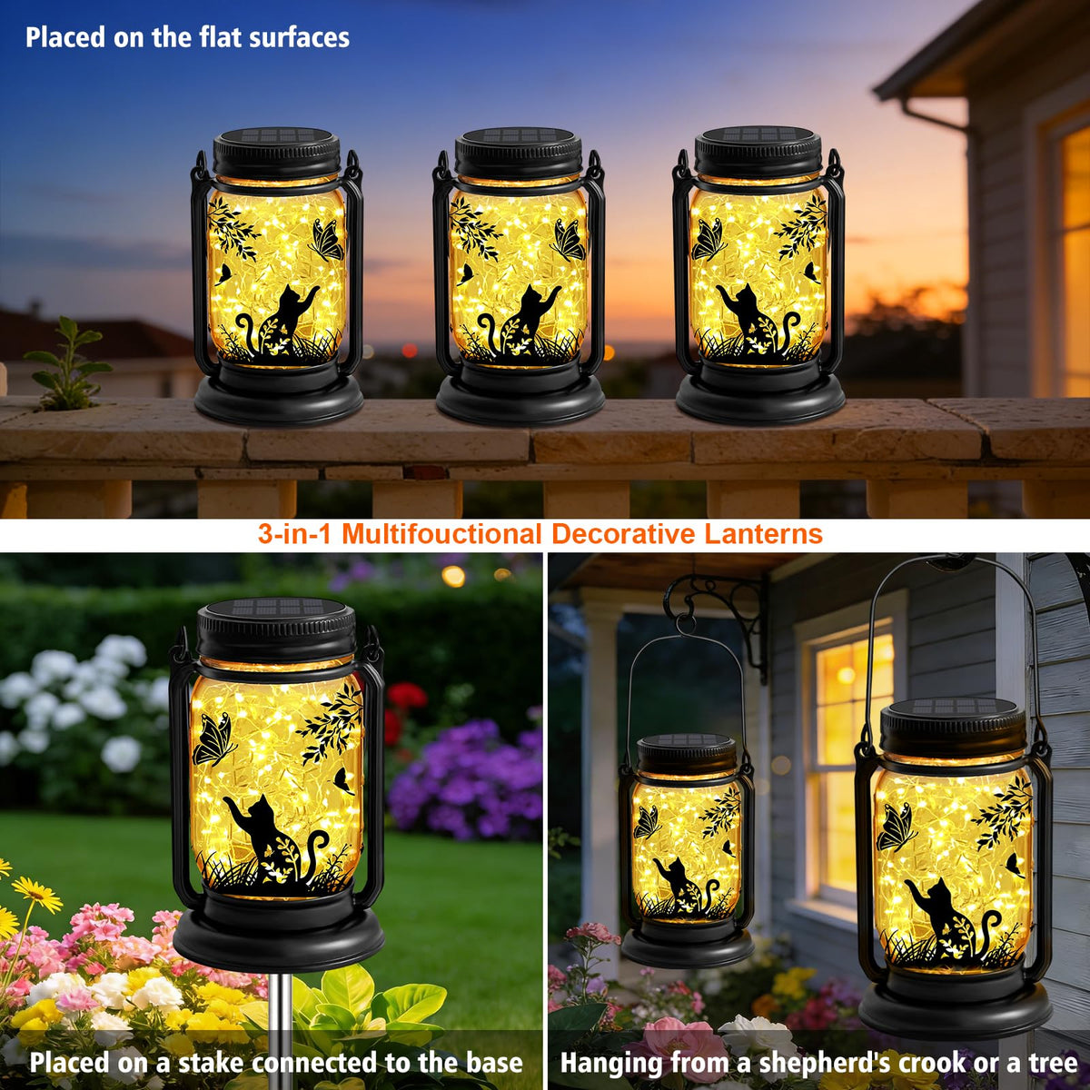 ANGMLN cat solar lantern hanging for outdoor ambiance and nighttime visibility.
