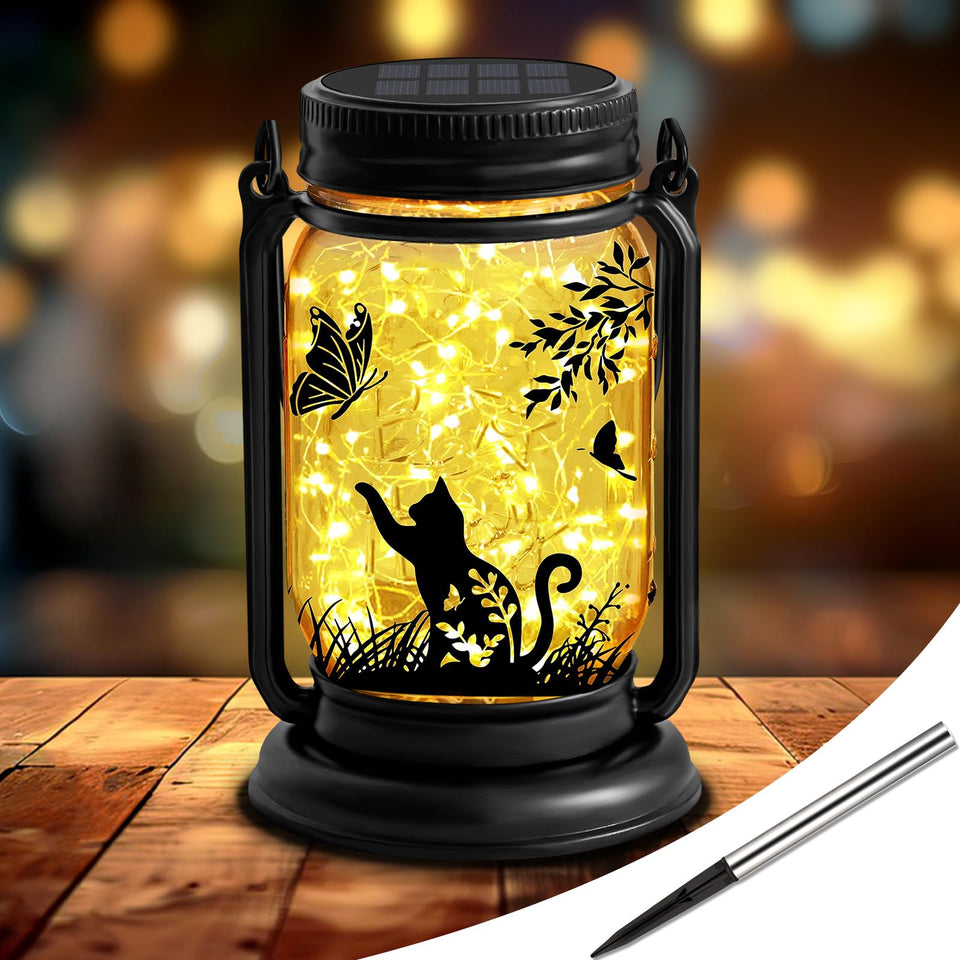 ANGMLN cat solar lantern hanging with warm glow for patios and gardens