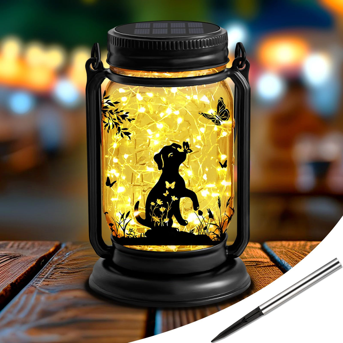 ANGMLN dog-hanging-mason-jar-light glows on a patio with solar-powered warmth.