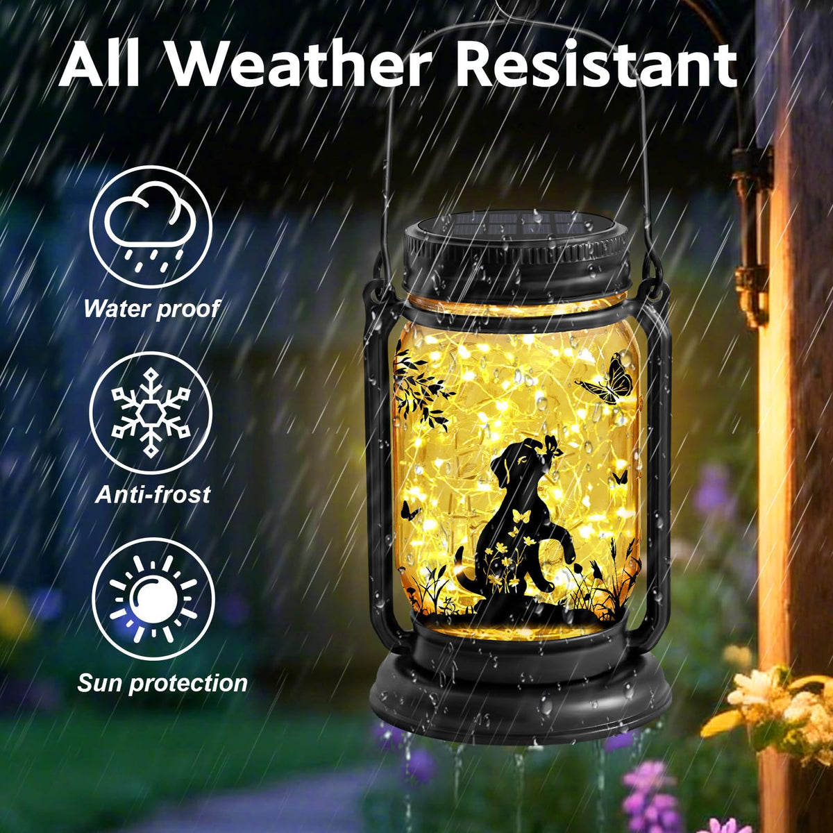 ANGMLN-dog-lover-garden-decor adds cozy ambiance to patios and balconies after sunset.