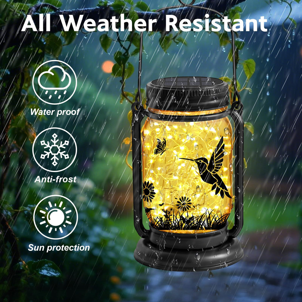 ANGMLN hummingbird lantern garden decor provides warm, weatherproof glow.