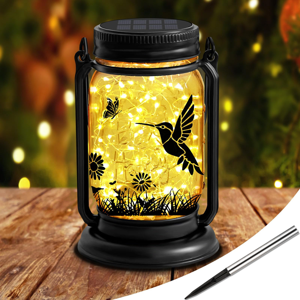ANGMLN hummingbird lantern on hanger creates graceful outdoor glow.