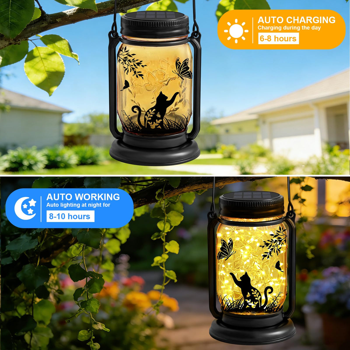 ANGMLN mason-jar lantern light enhances porch decor with warm glow.