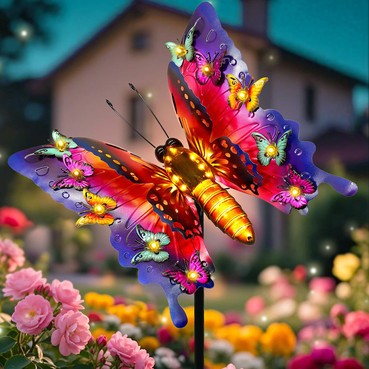 ANGMLN solar butterfly garden lights illuminate outdoor paths with enchanting evening ambiance.