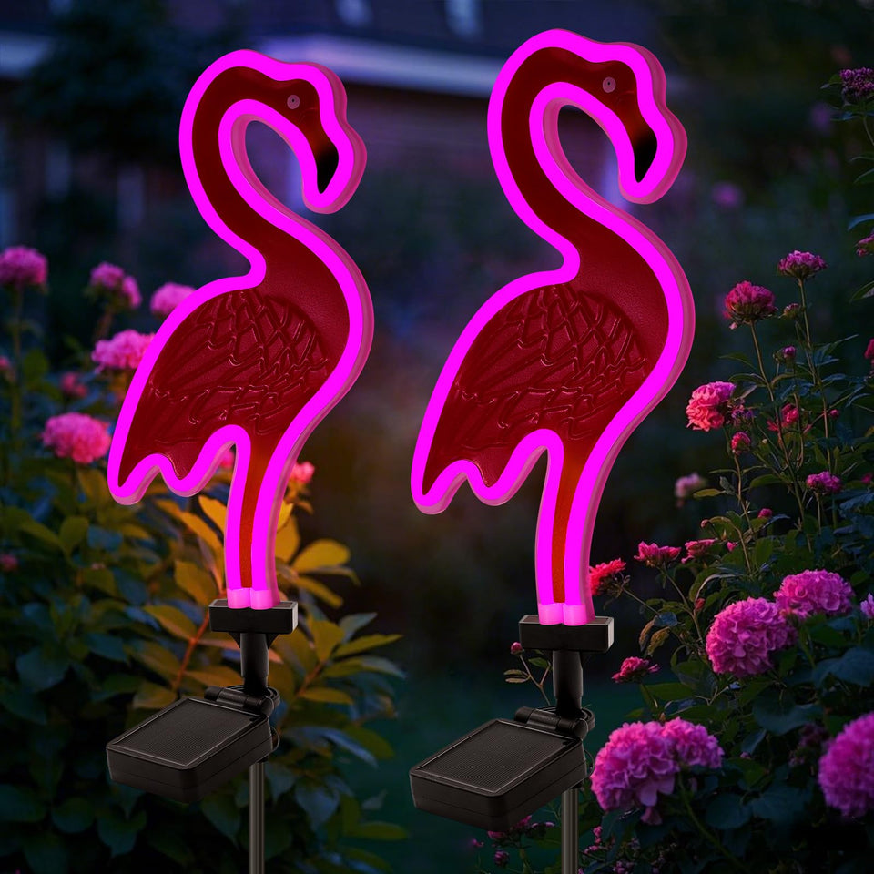 ANGMLN Solar Flamingo pink neon light on lawn creates daytime charm and nighttime glow