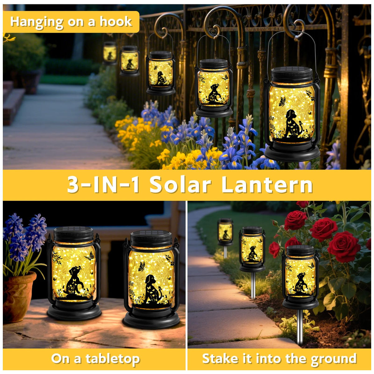 ANGMLN solar-lantern-on-stake lights gardens from ground level using energy-saving solar power.