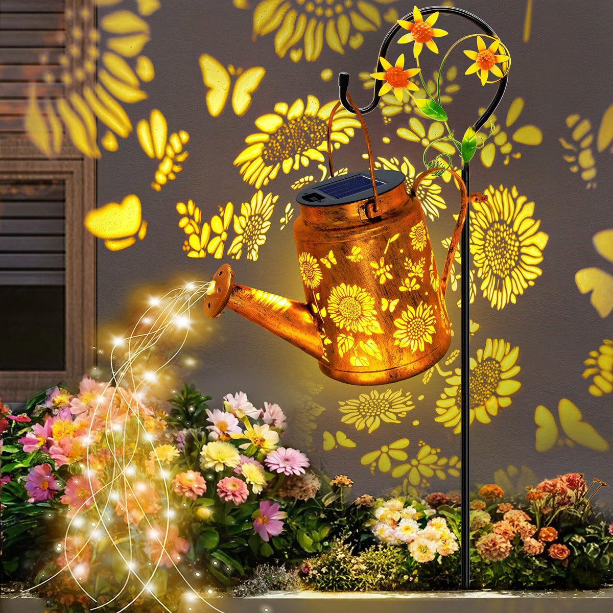 ANGMLN outdoor sunflower lantern with shepherd hook enhances garden ambiance.