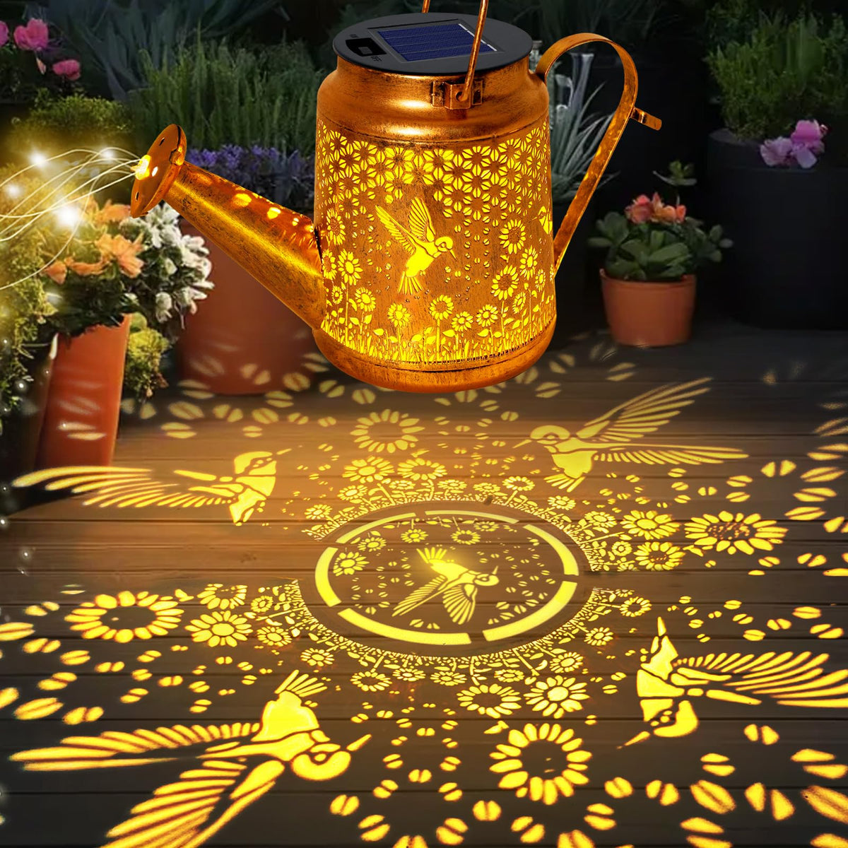 ANGMLN solar watering can lights cascading along a walkway