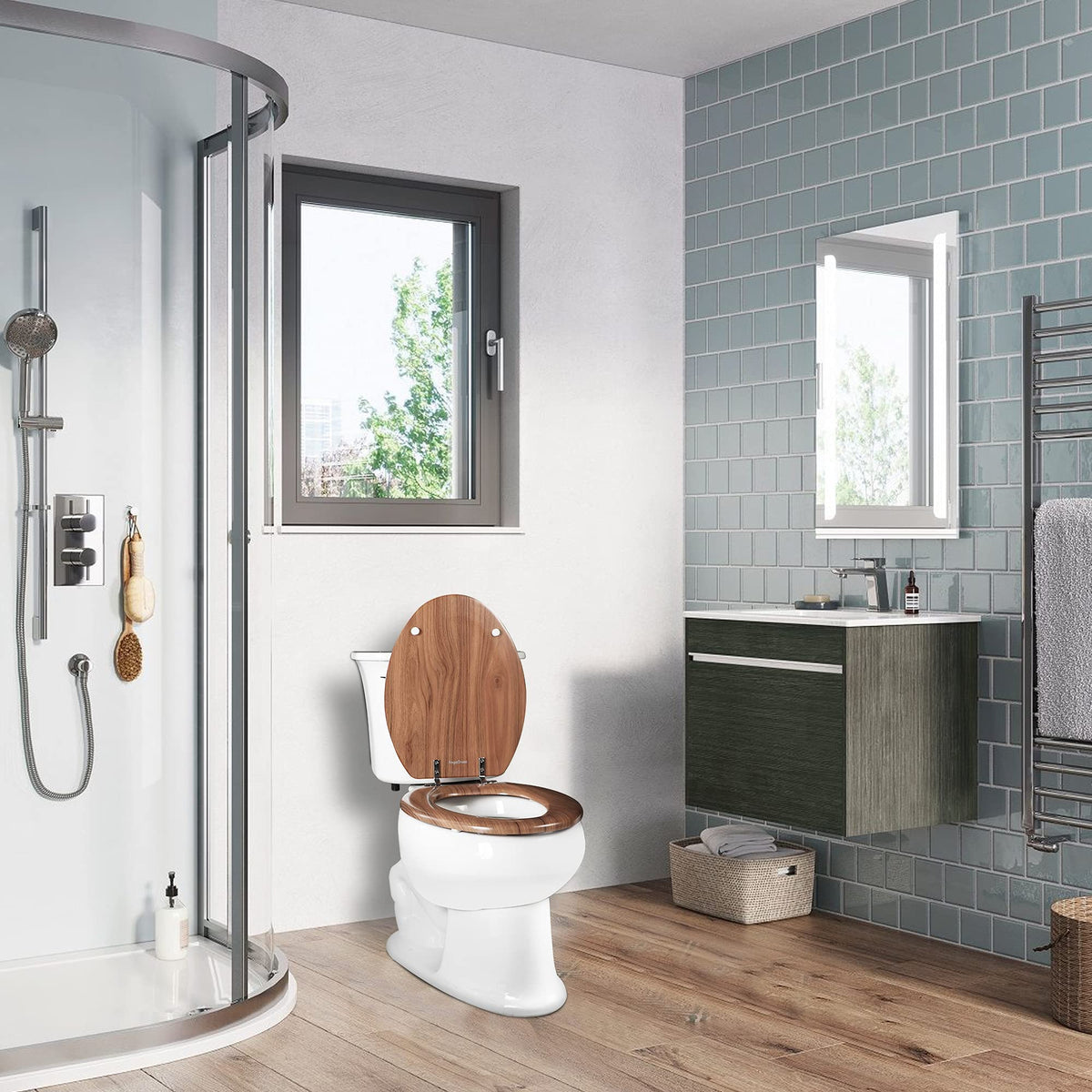 Elegant natural wood finish adds calm ambiance to any bathroom.