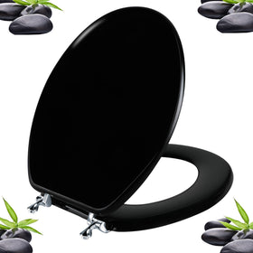 Angol Shiold black round toilet seat with natural wood grain for a durable, premium bathroom look.