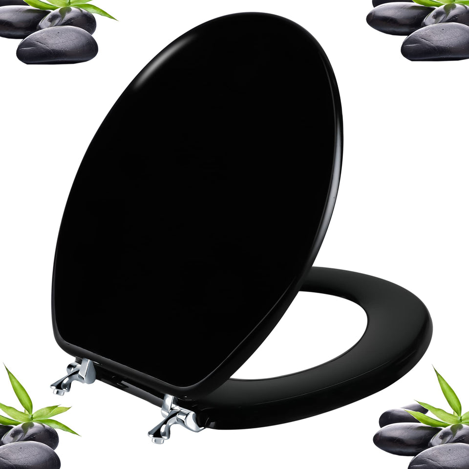 Angol Shiold black round toilet seat with natural wood grain for a durable, premium bathroom look.