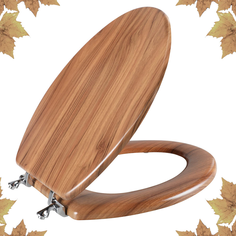 Angol Shiold elongated wooden seat with natural finish for American toilets.