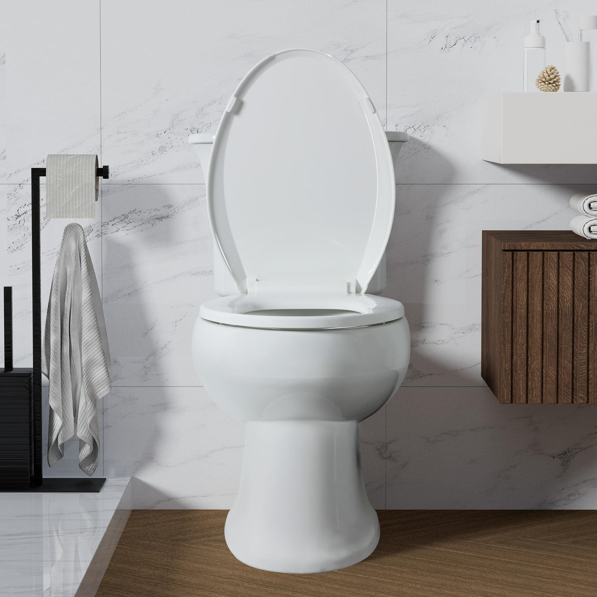 Angol Shiold toilet seat with quick-release enables fast cleaning and replacement.