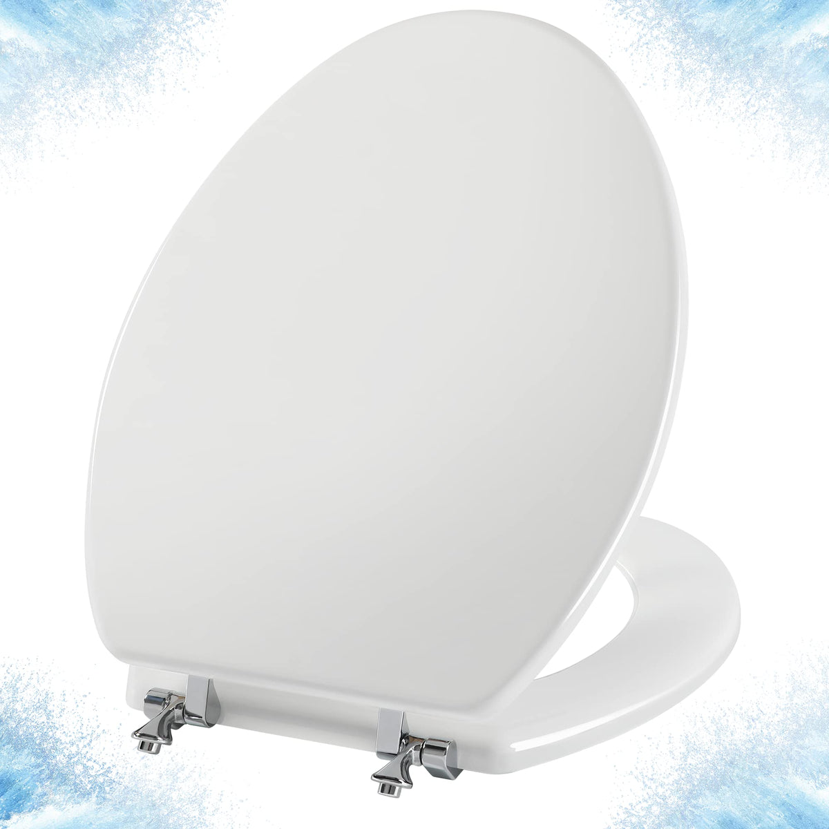 Angol Shiold elongated white toilet seat in natural wood finish, durable and comfortable.