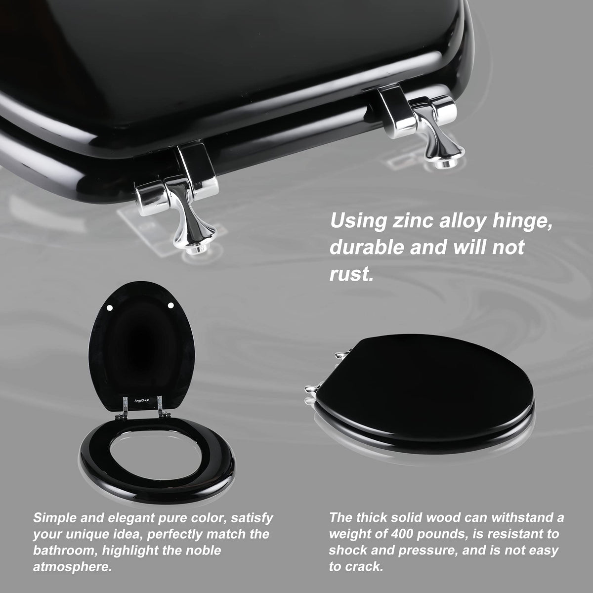 Zinc alloy hinges on Angol Shiold seat, smooth operation and lasting durability