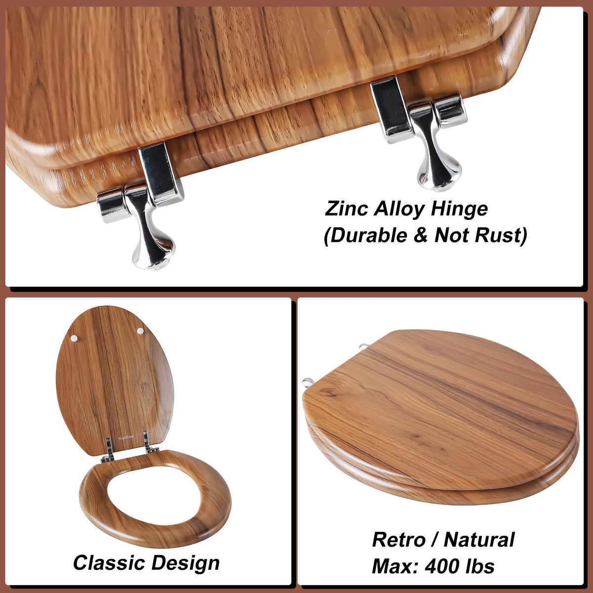 Angol Shiold zinc hinges provide sturdy, smooth lid operation.