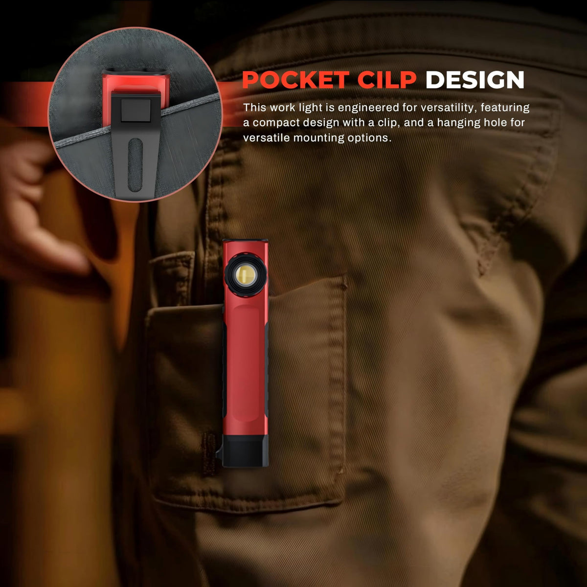 Anhay flashlight magnets and clip enable hands-free use.