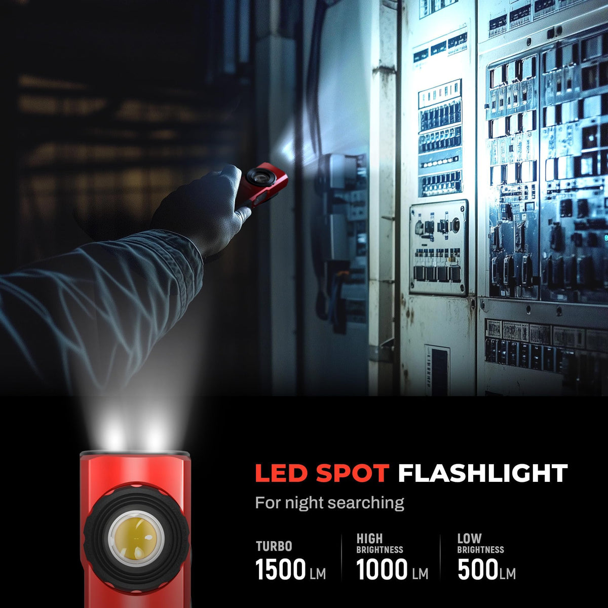 Anhay rechargeable flashlight side light view for wide-area illumination.