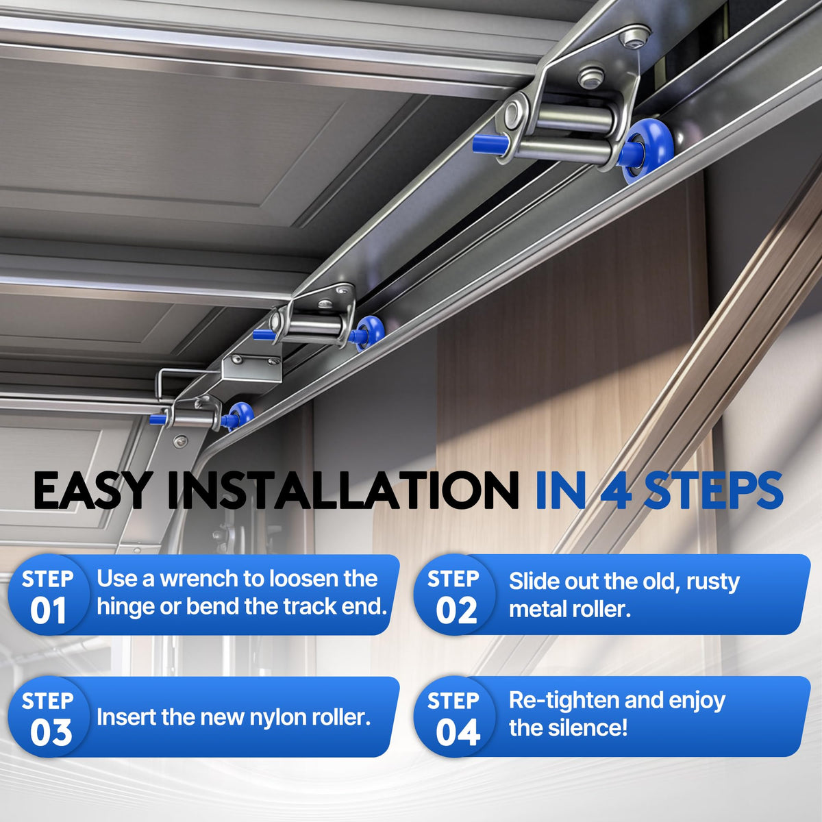 ANJAHOME garage-door roller closeup demonstrates reinforced nylon wheel and smooth movement.
