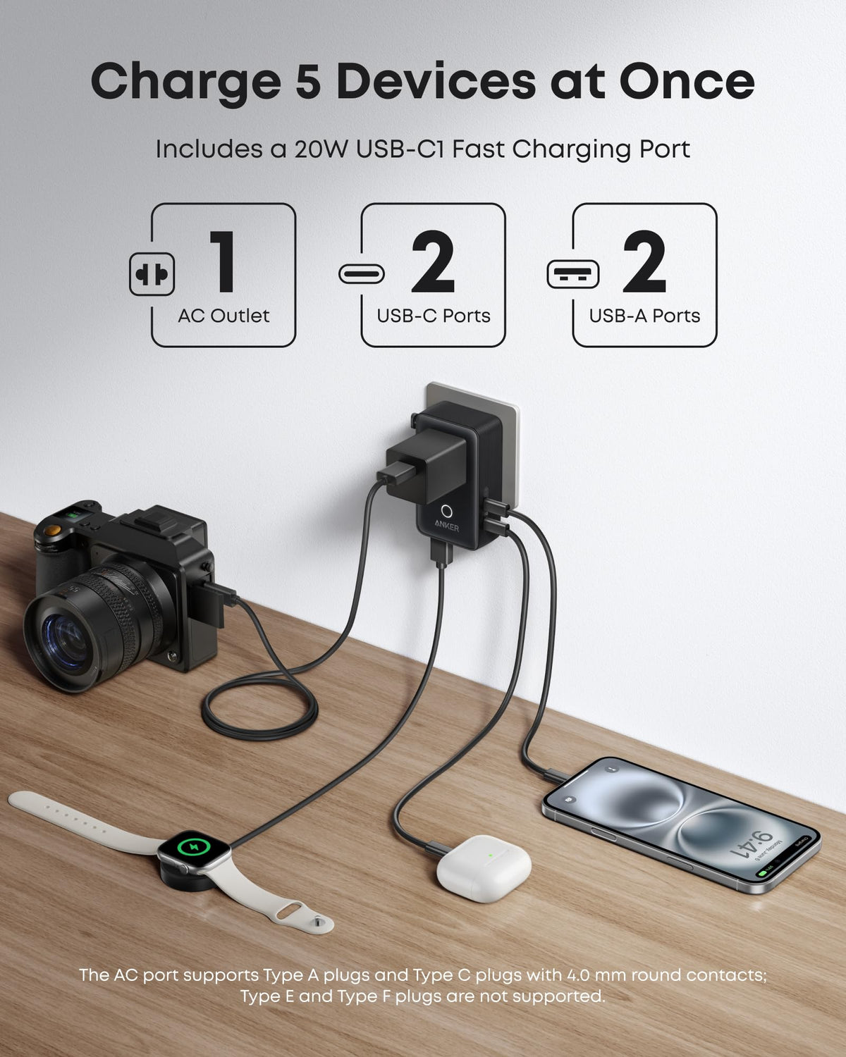Anker Nano Travel Adapter USB-A ports enabling simultaneous charging.