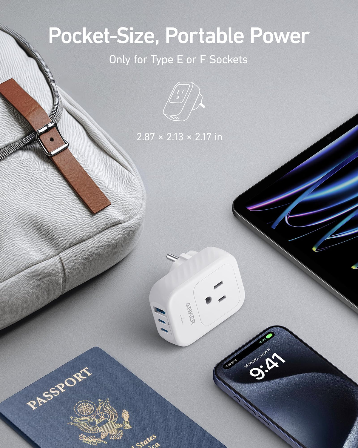 Anker Travel Adapter compact travel size fits easily in a bag