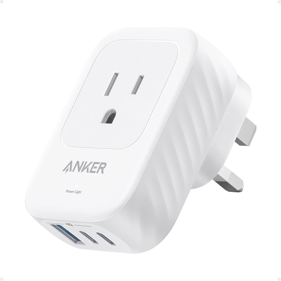 Anker Travel Adapter Type G UK plug with two USB-C ports for flexible charging.