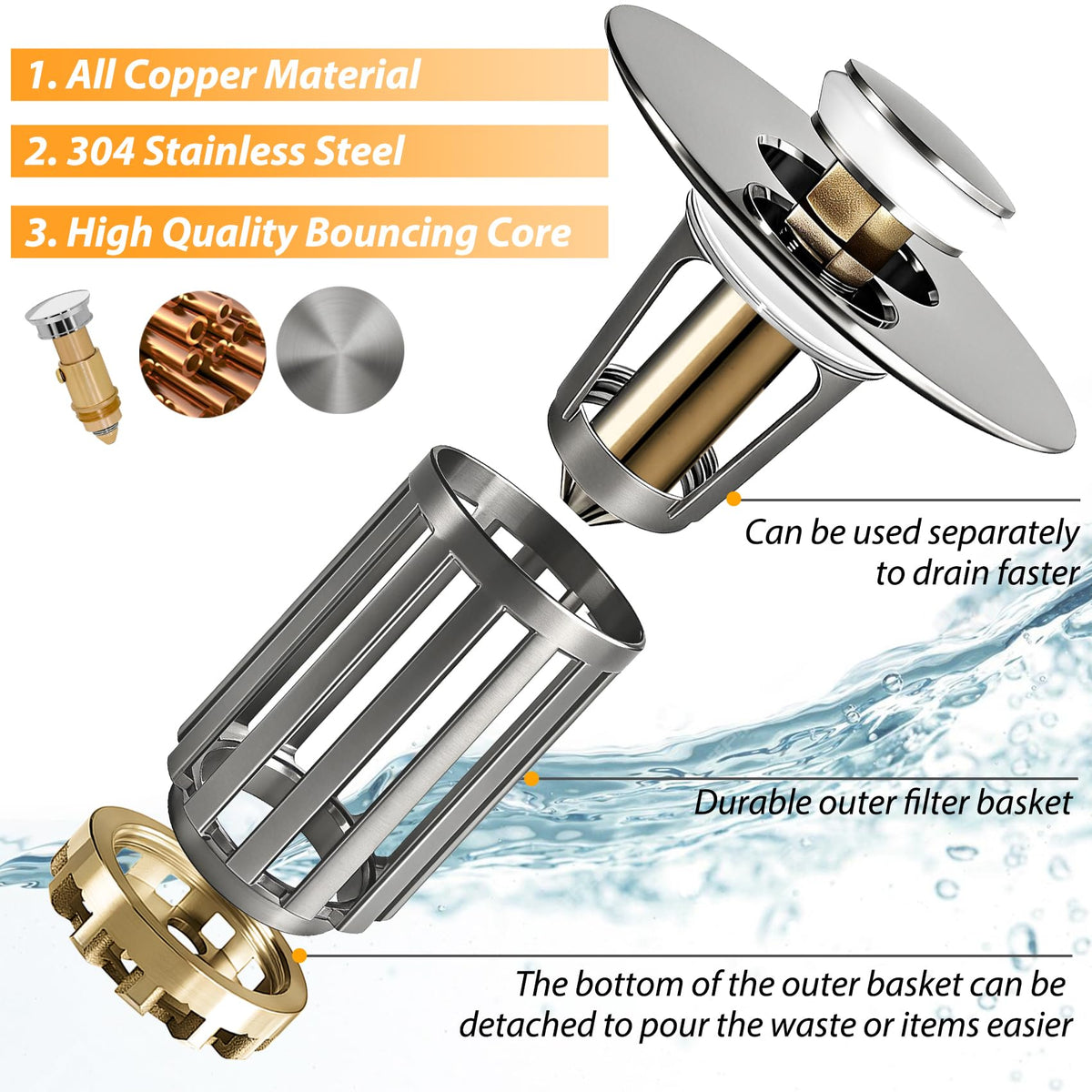 Anlige 3in1 pop-up stopper brushed nickel finish adds modern look.