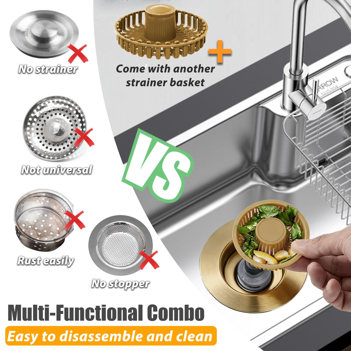 Anlige brass kitchen drain strainer catches debris while draining smoothly.