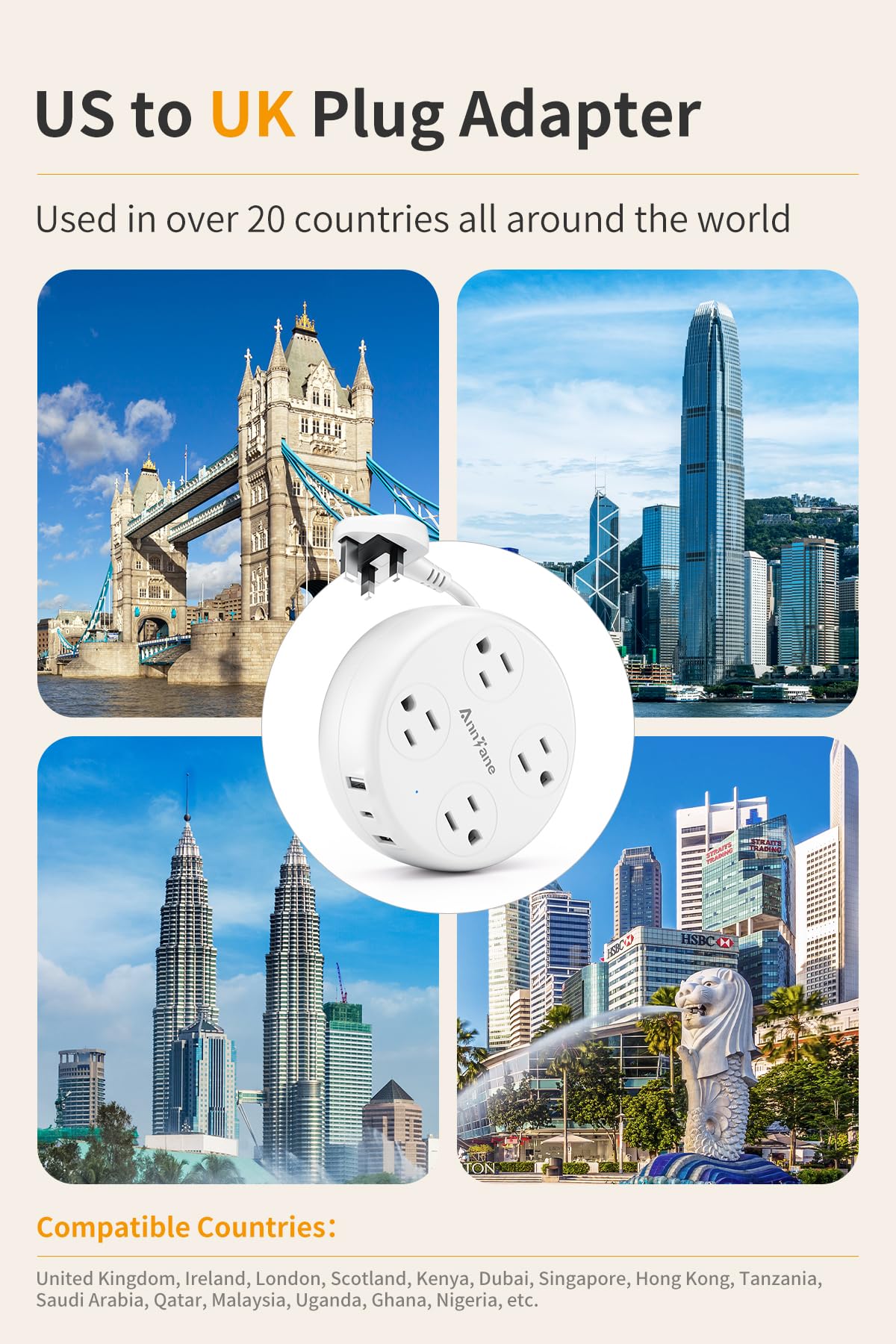 AnnTane adapter offering four AC outlets for multiple devices.