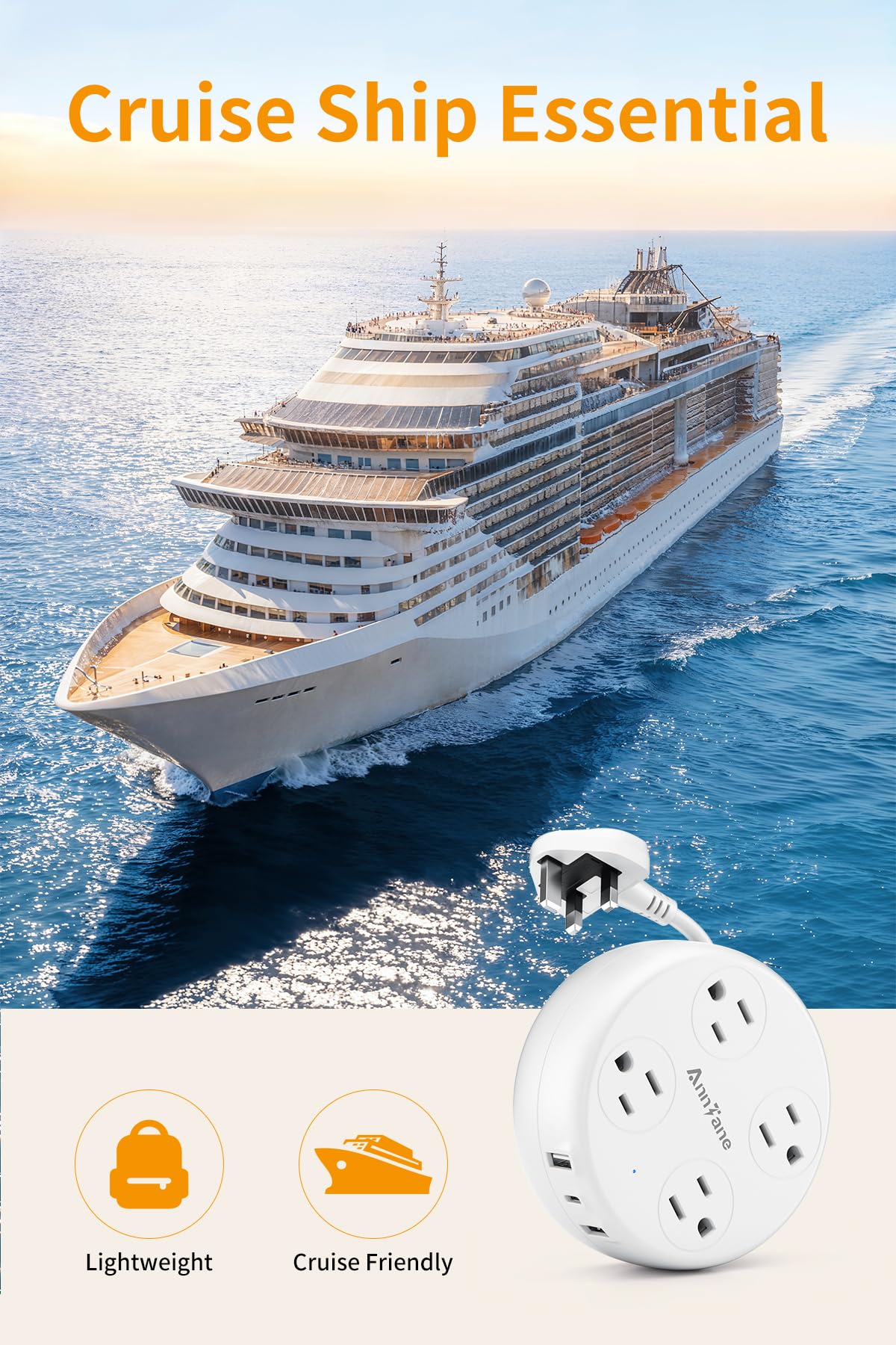 AnnTane front view shows 4 outlets and 3 USB ports.