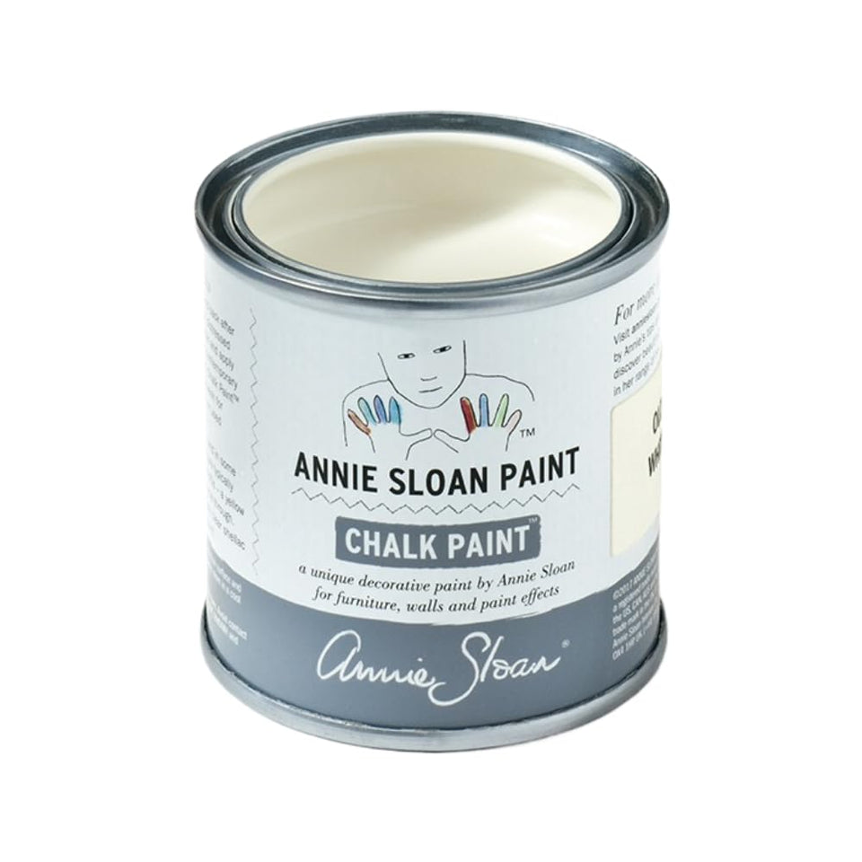 Annie Sloan Chalk Paint Old White bottle close-up showing smooth coverage for furniture projects