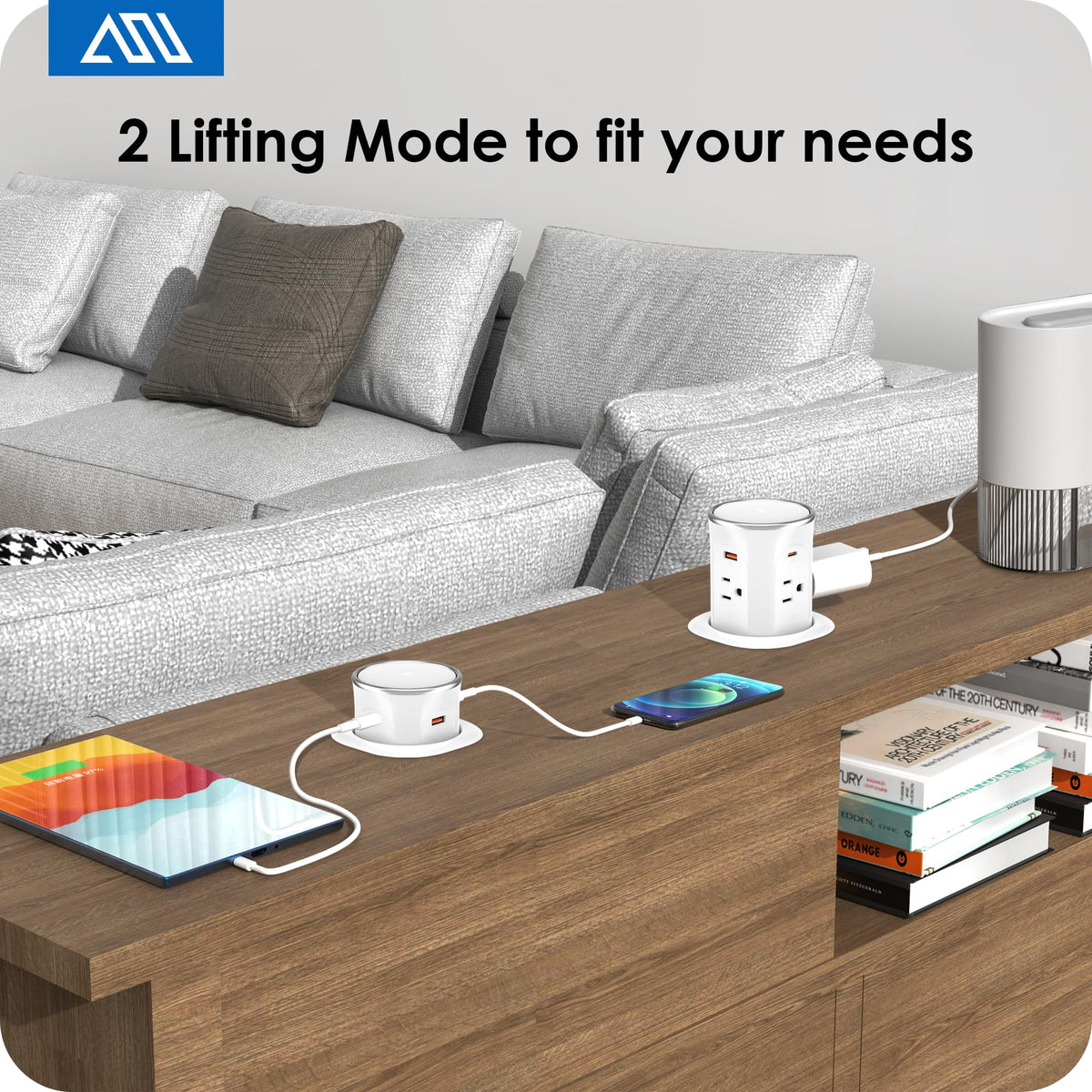 ANNQUAN countertop outlet with four AC and USB ports supports multiple devices.