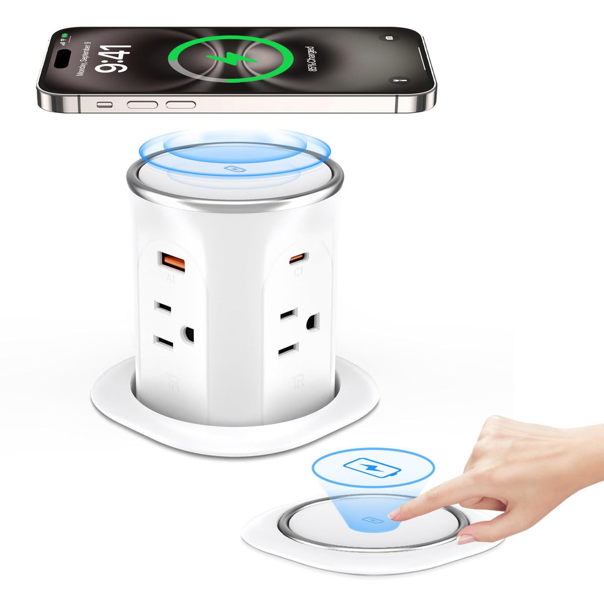 ANNQUAN motorized pop-up countertop receptacle rises for quick power access.