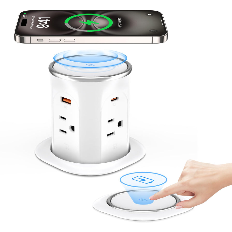 ANNQUAN motorized pop-up countertop receptacle rises for quick power access.