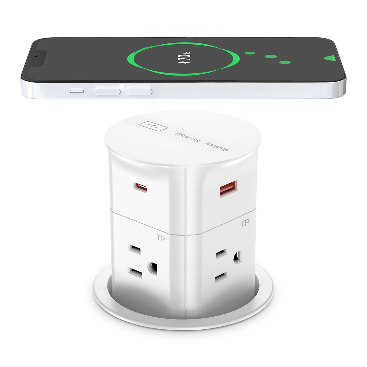ANNQUAN pop-up countertop outlet with four outlets and USB ports for multi-device charging.