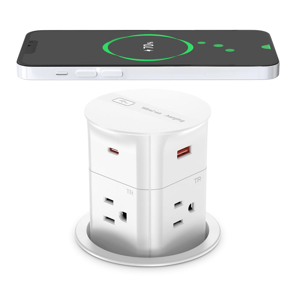 ANNQUAN pop-up countertop outlet with four outlets and USB ports for multi-device charging.