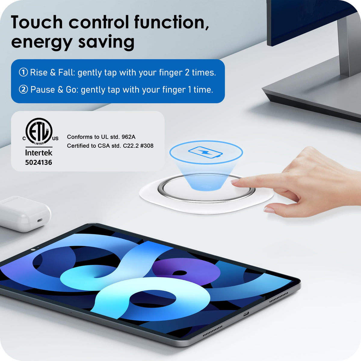 ANNQUAN wireless charging top outlet delivers 15W for compatible devices.