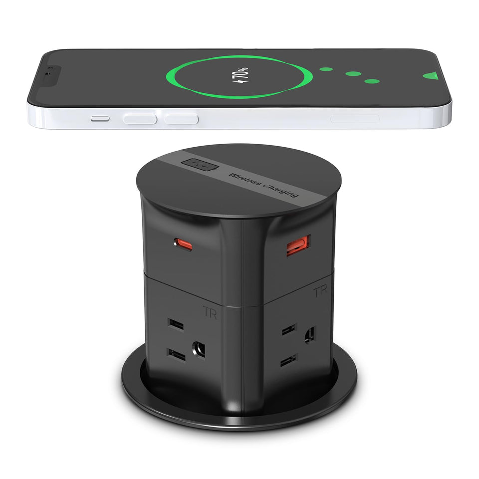 ANNQUAN pop-up outlet with wireless-15W charger for clutter-free surfaces.