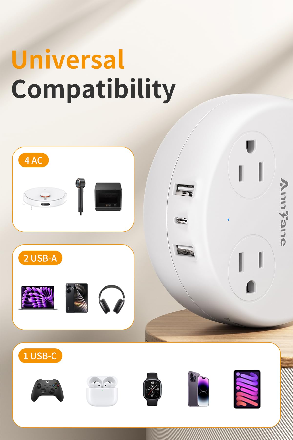 AnnTane 7-in-1 EU outlet with USB ports for all devices.